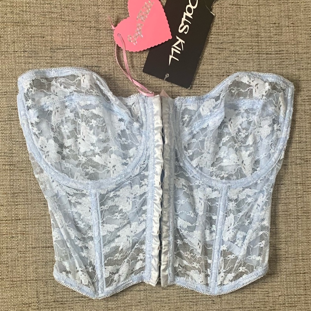 NWT DOLLS KILL Sugar Thrillz Iconic Goddess Lace Bustier in Blue, Size Large